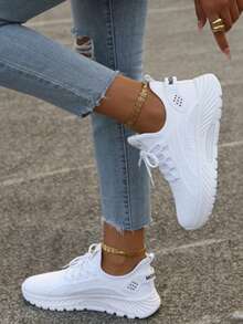 Breathable Mesh Sneakers] Lightweight Breathable Mesh Sneakers - Non-Slip EVA Sole, Comfortable Ankle Support, Lace-Up Low-Top Running & Tennis Shoes For Men And Women, Retro Style, All-Season Wear, Fitness Wear - White - View 3