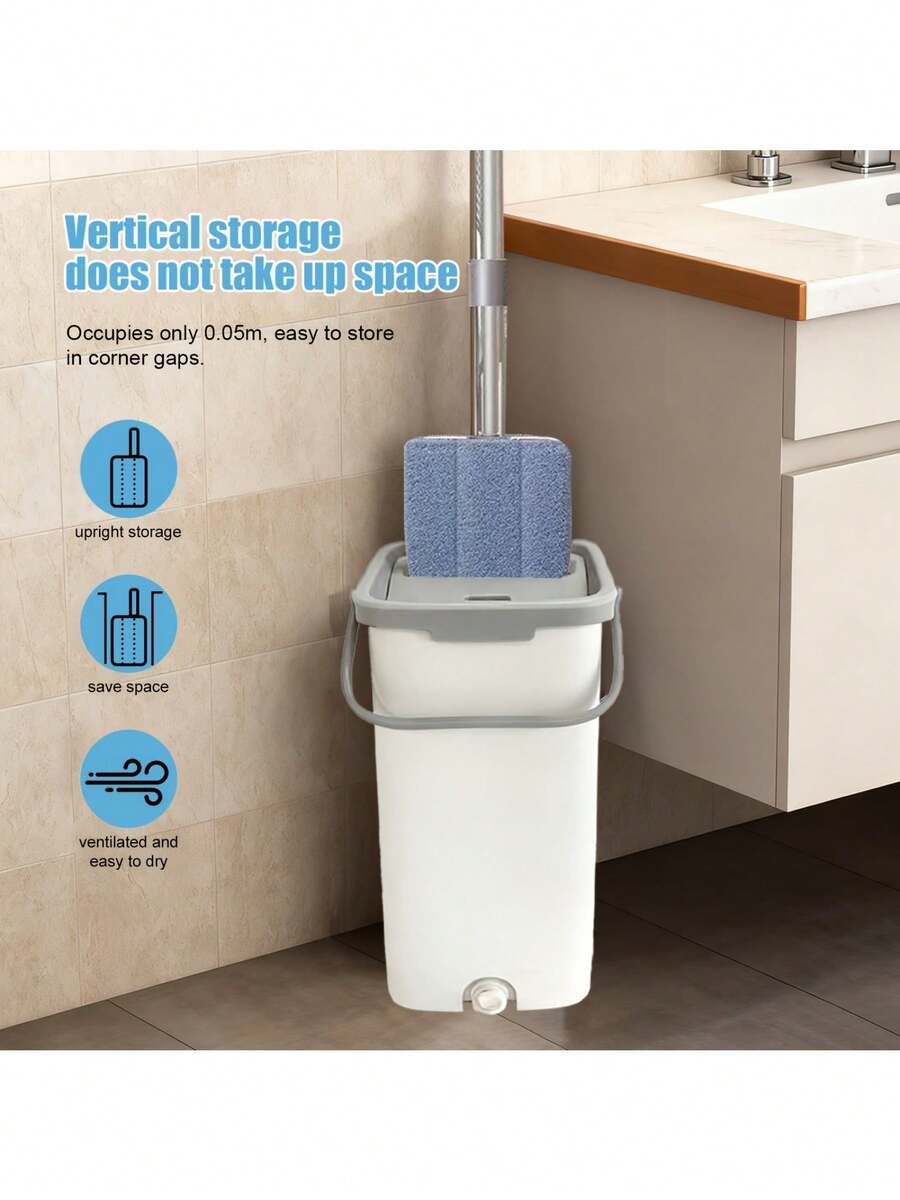 A Versatile Mop Bucket Designed For Both Wet And Dry Cleaning, Complete With A Mop And Three Extra Pads. It Features A 360° Rotating Mop Head, Eliminating The Need For Hand Washing. This Large Mop Is Ideal For Use In Homes, Offices, Hotels - 灰白色 - 查看 1