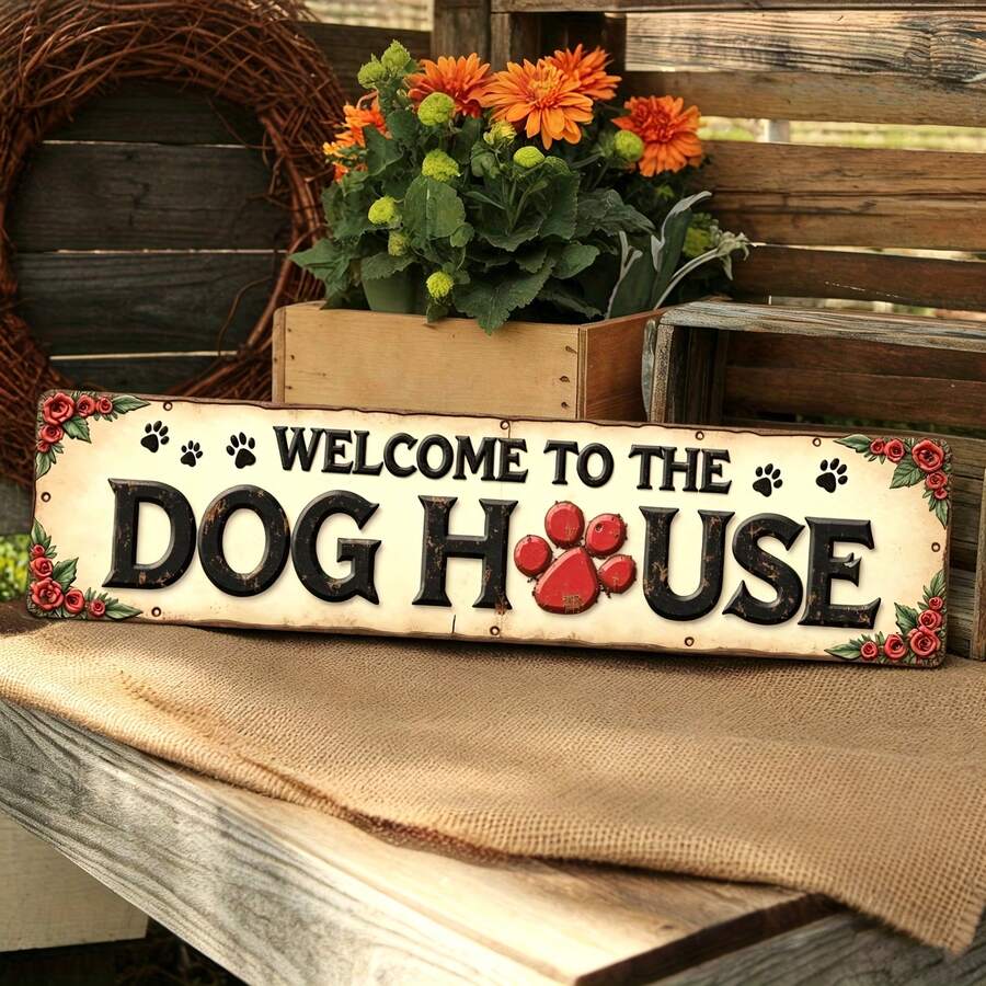 2D Flat 1pc Vintage "Welcome To The Dog House" Metal Sign - Retro Pet Paw Print & Rose Wall Decor, Suitable For Farmhouse, Porch - Dog Lover Gift, 3.93x15.74 Inches, Rustic Decor, Entryway Accent, Durable Outdoor Decoration, 2D Flat - A - View 1