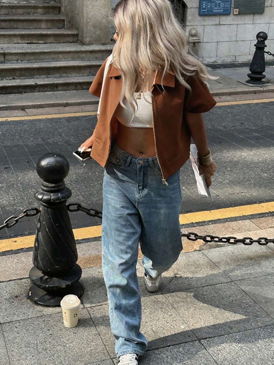 春夏休闲优雅度假棕色宽松Polo衫,蝙蝠袖飞行员夹克,Y2K少女校园衬衫,沙滩节运动套装 - 棕色 - 查看 1