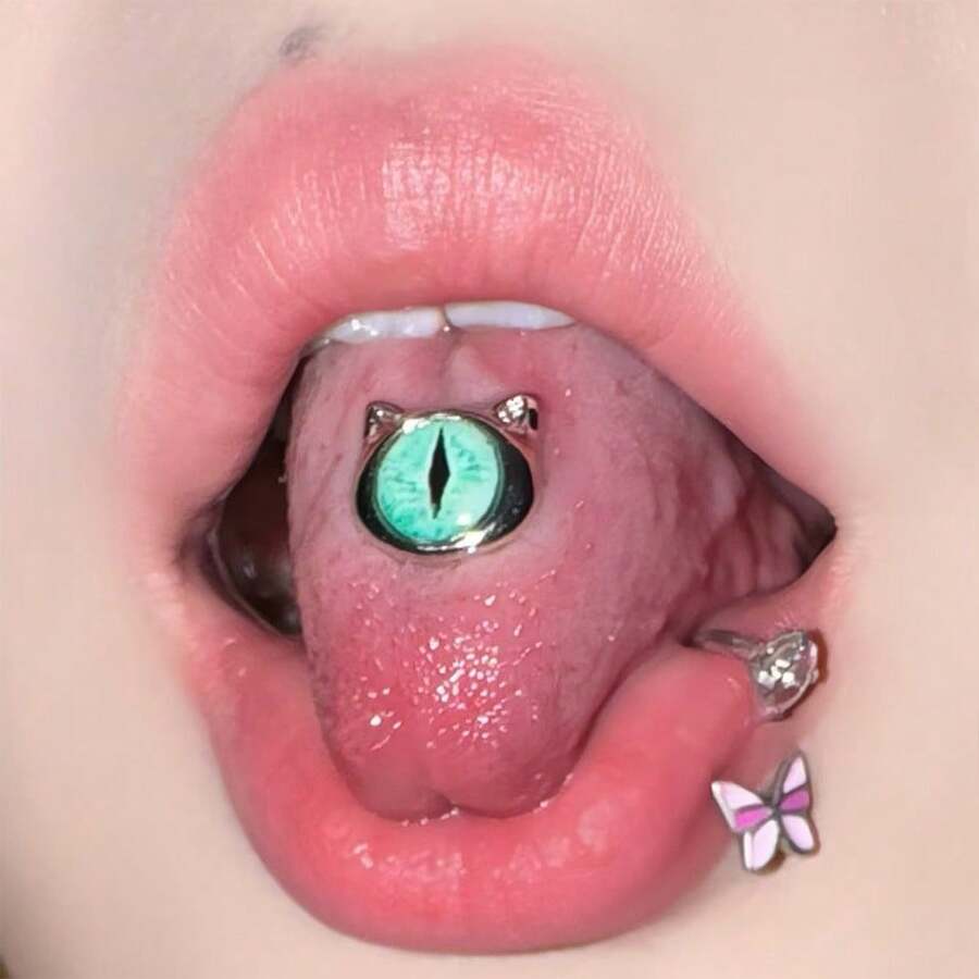 1 Piece Of Titanium Steel Little Devil Single-Eye Tongue Ring, A Cute And Edgy Personalized Piercing Accessory - 藍色 - 查看 1