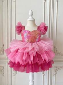 Vestido de princesa con mangas de malla brillante para niña, vestido de pastel de fiesta de Navidad, adecuado como regalo de cumpleaños para niñas, niña de las flores en bodas, banquetes, bailes de graduación, celebraciones festivas - Rosa Fucsia - Ver 1