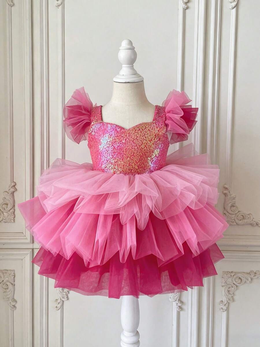 Vestido de princesa con mangas de malla brillante para niña, vestido de pastel de fiesta de Navidad, adecuado como regalo de cumpleaños para niñas, niña de las flores en bodas, banquetes, bailes de graduación, celebraciones festivas - Rosa Fucsia - Ver 1