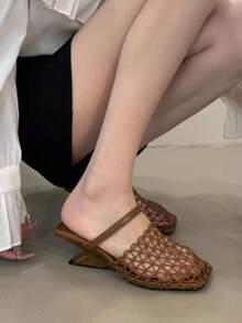 Unique Design Fishnet Wedge Mule Sandals For Women, Hollow Woven High Heel Slip-On Slippers For Summer Outdoor Wear - Brown - View 5