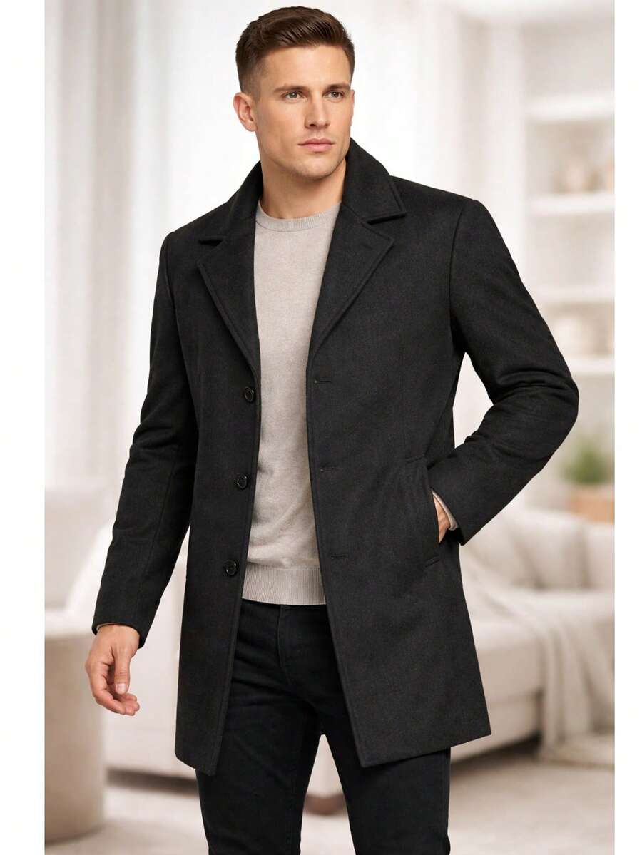 Men's Lined Winter Overcoat - Long European Style Jacket - màu đen - Xem 1