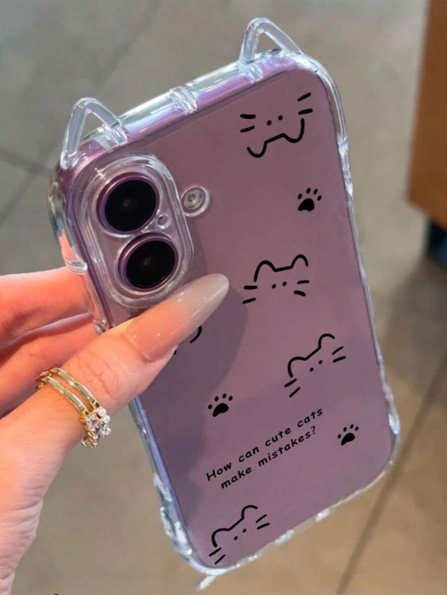 1个线条艺术猫爪标语英文透明手机壳，猫耳设计气垫防摔软TPU材质，厚度1.5mm，带挂绳，适用于 17/17Pro/17AIR/17PROMAX/16/16Pro/16PLUS/16Promax/15Promax/11/12/13/14/15Plus/15Pro/14Pro/13Pro - 彩色 - 查看 1