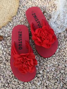 New Spring/Summer Fashion Thick-Sole Beach Slippers For Women, Floral Decor Sandals - Red - View 6