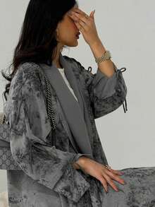 1pc Elegant Tie-Waist Casual Split Cuff Batik Print Abaya, Arabian Dubai Fashion Saudi Open Cardigan Robe Shawl, Suitable For Daily Wear And Gatherings Spring - Grey - View 4
