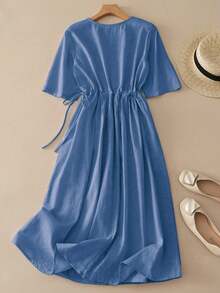 Women's Loose Waist Drawstring Vintage Embroidered Vacation Dress, Spring/Summer Elegant - Dusty Blue - View 11