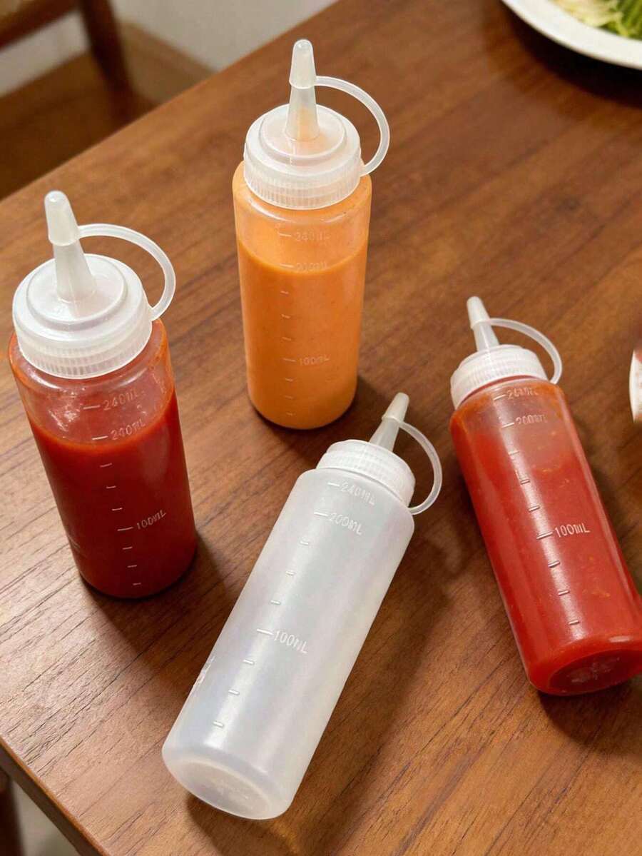 1 pieza Botella exprimible de 240ml con escala de medición, botella rellenable, botella de condimento de cocina, botella exprimible para aliño de ensalada, botella exprimible para salsa, botella exprimible de plástico para cocinar, uso doméstico y comercial - Blanco - Ver 1