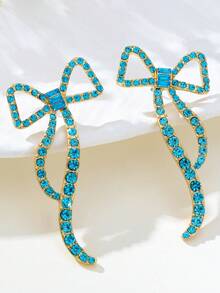 1 Pair Fashion 3D Large Alloy Rhinestone Bow Stud Earrings - Turquoise - View 3