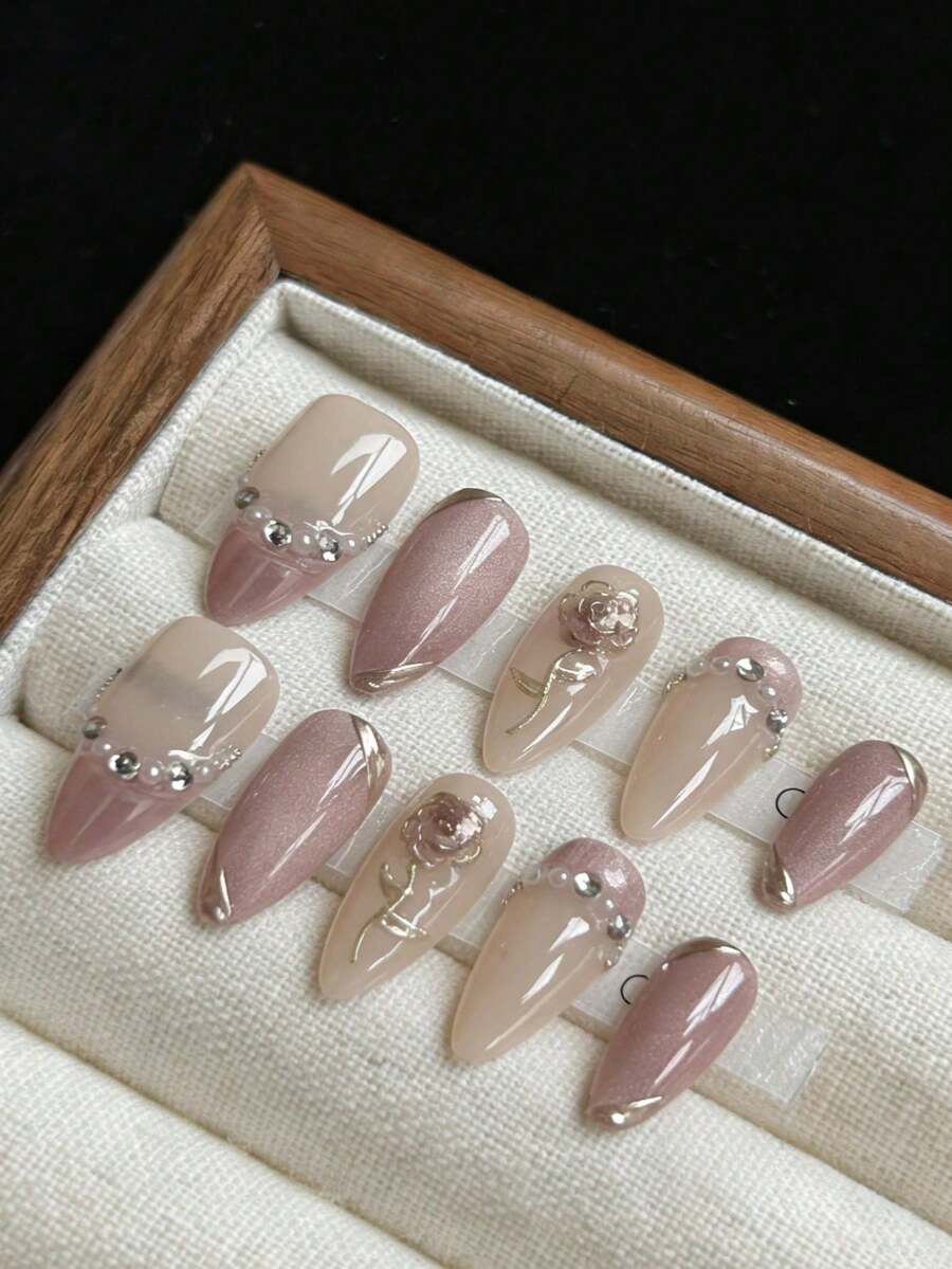 qihangxin 10片手工奢华浪漫玫瑰箔纸美甲贴纸，优雅氛围，高端品质，可移除可重复使用，适合不同风格的女性，长指甲，圣诞礼物，假指甲，按压式长指甲 - 彩色 - 查看 1