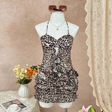 Conjunto de vestido de playa con tirantes finos y estampado de leopardo para mujer SunTide, de secado rápido con capa de malla transparente y volantes en el bajo, estilo sexy y hueco para resort, adecuado para vacaciones de verano en la playa, fiestas en yates y ambiente tropical para vacaciones de mujer - Multicolor - Ver 5