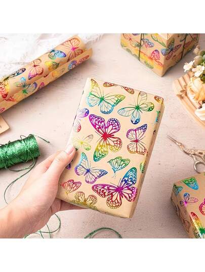 3 cuộn giấy gói quà họa tiết bướm, kích thước nhỏ, giấy kraft hình bướm nhiều màu sắc, thích hợp cho sinh nhật, Ngày của Mẹ, đám cưới và các dịp đặc biệt khác, kích thước: 17 inch x 9,84 feet