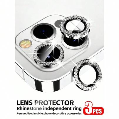 Bộ 3 miếng dán bảo vệ ống kính camera đính đá lấp lánh cho iPhone 17/17Air/17pro/17promax/16/16pro/16plus/16promax/16 14 Pro 6.1"/14 Pro Max 6.7", kính cường lực bảo vệ camera tương thích với Apple 15 14 13 12 11 X XR XS Max Series - Màu kim cương tổng hợp nhiều màu