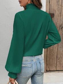 Women's Elegant High Neck Lantern Sleeve Pleated Solid Color Blouse - Dark Green - View 2
