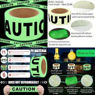 Glow In The Dark Tape Caution Tape Roll 2inx32.8ft Crime Scene Construction Warning Glow Tapes Indoor Outdoor Barricade Safety Night Decorations Glows In The Dark Stairs Walls Exit Door Danger Areas