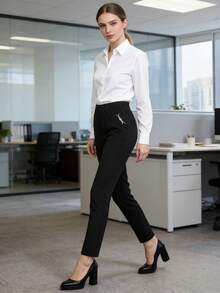Women's Chain Pocket Casual Pants, Button Closure Business Slim Straight Leg Office OL Suit Trousers Spring Black - Black - View 5