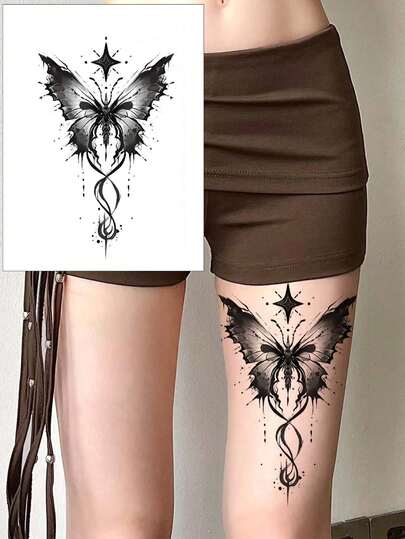 1pc Creative Sexy Black Star & Butterfly Pattern Temporary Tattoo Sticker, Realistic Non-Reflective Tattoo Decal, Multipurpose Unisex Body Art, Waterproof & Sweat-Proof, Suitable For Abdomen, Back, Leg, Lasts 7-10 Days
