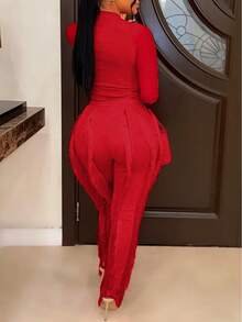 CALEBGAR Women's Sexy Two Piece Outfits Long Sleeve Fringe Pants Set Clubwear Going Out Birthday Party Night Outfits - Đỏ - Xem 9
