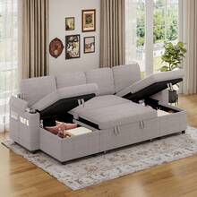 Corner Sofa Bed, U-Shaped Sleeper Sectional Couch Bed, 3-In-1 Corduroy Convertible Pull Out Sofa Bed With Adjustable Backrest, Storage And Cup Holder For Living Room - U燈芯絨-銀灰色 - 查看 8