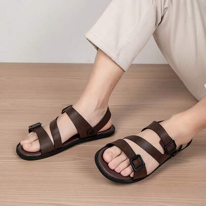 Men's Summer Essential Double Buckle Sandals, Non-Slip Flat Adjustable Strap Versatile Sandals With Anti-Slip Tread