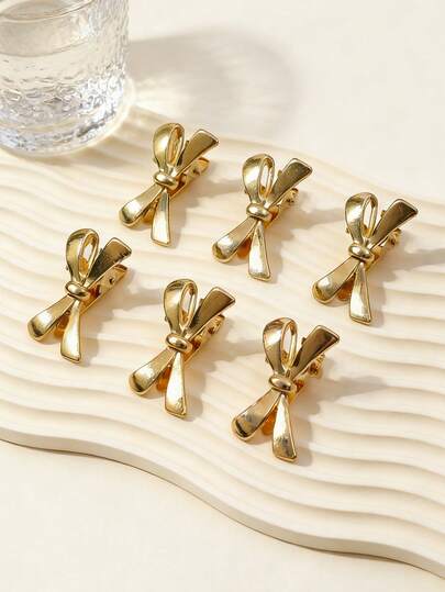 6-Pack Gold Metal Bow Detail Hair Clip Sweet Small Side Hair Clip, Suitable For Daily Wear