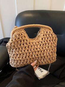 1 pieza Bolso de tela grueso tejido, diseño de ganchillo hueco, estilo de vacaciones francés, bolso de mano multifuncional para viajes y trabajo de verano (el color del producto real puede diferir ligeramente de la imagen debido a la iluminación y el ángulo durante la fotografía) - Caqui - Ver 12