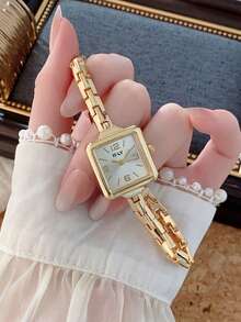 1pc Minimalist Thin Strap Watch, Fashion Elegant Gold Chain Style Wristwatch For Women, Suitable For Daily Decoration - Gold - View 2
