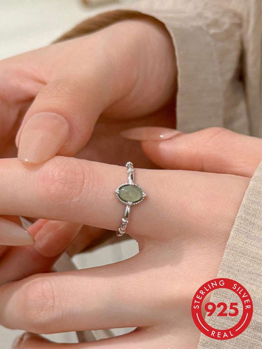 BALMORA 1pc Vintage S925 Sterling Silver Oval Jade Ring, Suitable For Girls/Women/Girlfriend/Mother, Retro Party/Date Gift, Daily Wear Birthday Present - Silver - View 1