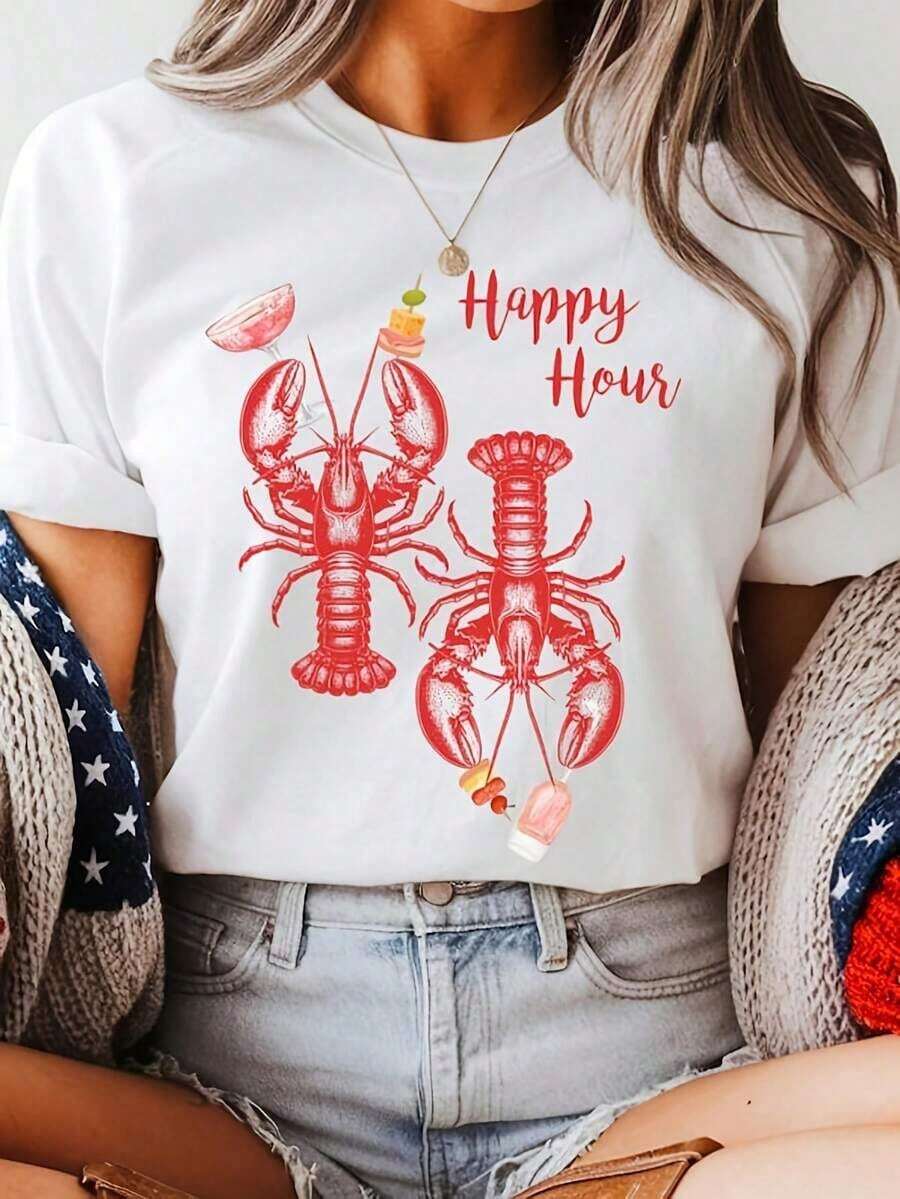 Lobster Happy Hour T-Shirt, Summer BBQ Shirt, Seafood Lover Gift, Beach Party Outfit, Summer Vation 220G Heavyweight Cotton T-Shirt For Women – Made From Thick, Breathable Pure Cotton For Comfort And Long-Lasting Wear. Perfect For Work, Gym, Travel, Casual Outings, Outdoor Adventures, Or Layering In Any Season. Great For School, Streetwear, Lounging At Home, Or Vacation Style. Tops For Women Vintage Clothes Women Vintage Women Tops Mujer Cute Tops Women Cotton Women Clothing Halloween Shirts Summer Clothes Women Casual Punk Western Tops Women Fourth Of July Outfit  Cowboy Outfits For Women Ropa 100% Cotton Y2k Style Cute Gothic Women Clothes Black And White Top Vintage Tops Clothing For Women White Goth Retro Clothes For Women Korean Fashion Women Camisas Para Mujer. Summer Holiday Casual Cotton Short Sleeve T-Shirt - trắng - Xem 1