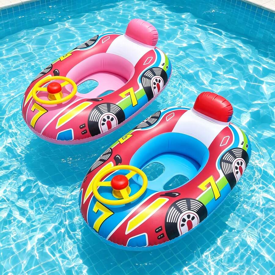 Kids' Swim Float Ring With Steering Handle & Horn, Racing Theme, Inflatable Water Seat For Children, PVC Material, Ages 3-6 - Dual Pack - 彩色 - 查看 1