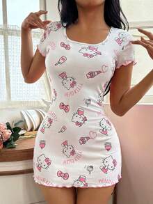 SANRIO 1件装图案可爱女士家居服/睡裙，柔软舒适休闲家居服 - 白色 - 查看 6