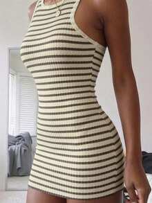 LovelyWholesale Women'S Elegant Round Neck Striped Patchwork Bodycon Mini Summer Dress For Women - Apricot - View 11