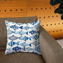1pc Double-Sided Printed Pillowcase, Multi-Color, Navy Blue Fish Pattern, Coastal Ocean Style, Flat Printed Pillowcase, 100% Polyester Fabric, No Pillow Insert, Ideal For Creating A Cozy And Comfortable Atmosphere In Entryways Or Home Spaces. - Multicolor - View 10