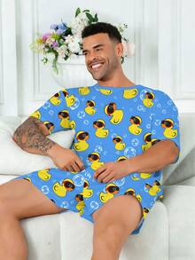 Plus Size Men's Pajama Set | Round Neck Short Sleeve Top And Elastic Waist Casual Shorts 2 Piece Set | Polyester Knit Fabric Soft And Breathable Loose Fit | Cute Bubble Duck Print Casual Design - Dusty Blue - View 4