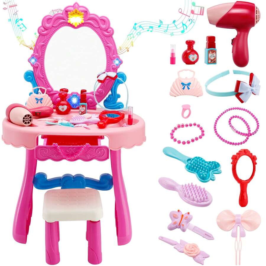 Kids Makeup Vanity Set With Mirror, Stool & Accessories – Light & Music Features, Blow Dryer, Pretend Play Toy For Girls 3+, Perfect Birthday Gift For Little Princesses - Pink - View 1