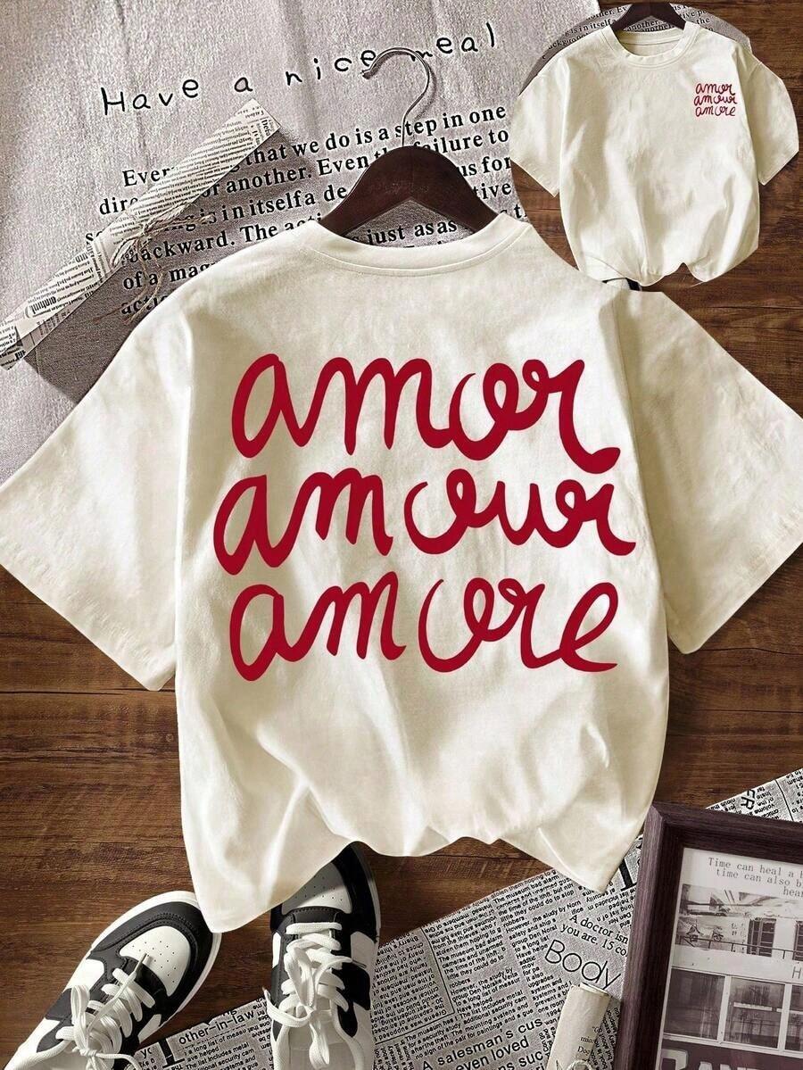 Women's Casual T-Shirt With Letter Print, Round Neck And Short Sleeve, Summer, Christmas - 杏色 - 查看 1