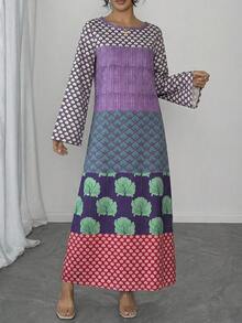 1 Peça Vestido Longo Reto Geométrico de Manga Longa para Mulheres, Vestido Casual Verde com Gola Redonda, Manga Flare e Bloco de Cores, Vestido de Gala Elegante Estilo Árabe para Eventos de Luxo e Férias - Roxo - Visão 3