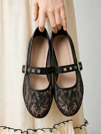 New Women's Casual Elegant Slip-On Shoes With Strap Buckle, Breathable Lace Mesh, Comfortable Lightweight Flat Shoes In Black And Beige, Suitable For Daily Commute, Dating And Other Occasions