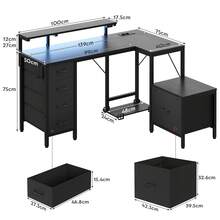 Devoko L-Shaped Corner Desk, Height-Adjustable Monitor Stand + 2 USB Ports + 2 Power Outlets + 5 Drawers, With Storage Space For PC Mount And Printer, Gaming Desk With LED Lighting, Black - 查看 8