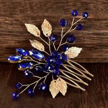 1 pieza Peineta de novia con hoja de oro y cristal de zafiro, accesorio para el cabello para verano, vacaciones, viajes, accesorios de novia, peineta, tocado - azul real - Ver 2
