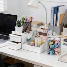 2 piezas (Caja de almacenamiento + Lata de almacenamiento) Caja de almacenamiento de escritorio de oficina, estantería de almacenamiento de papelería, caja de almacenamiento de cosméticos multifuncional, estilo de cajón, artículo de almacenamiento de papelería de estación de trabajo de oficina, caja de almacenamiento de misceláneos de dormitorio estudiantil, estantería de almacenamiento de cosméticos multifuncional, canasta de almacenamiento de control remoto de sala de estar en el hogar - Multicolor - Ver 7