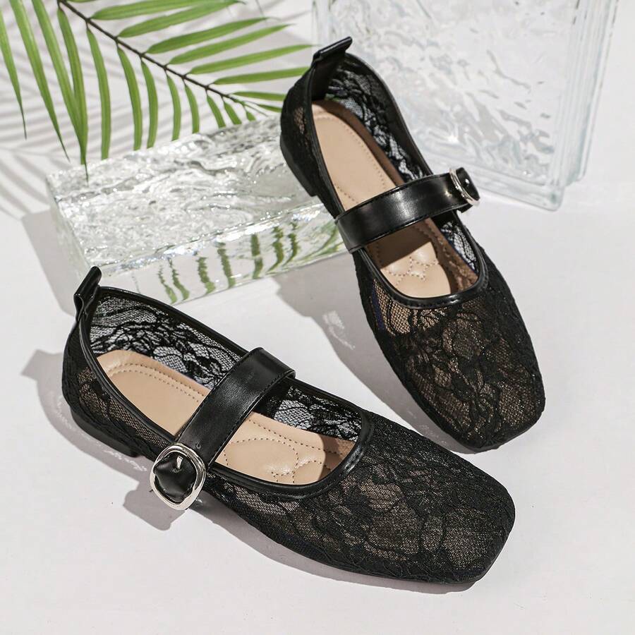 1双女士复古法式蕾丝玛丽珍鞋，方头单带休闲鞋，百搭通勤软底女鞋，适合通勤、日常穿着、约会、春夏穿着 - 黑色 - 查看 1