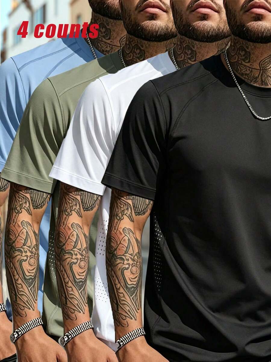 4pcs Men's Sports Fitness Short Sleeve T-Shirts - Multicolor - View 1