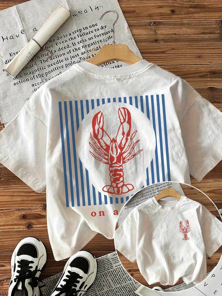 2026 New Women's Summer Striped Lobster Print Casual Round Neck Short Sleeve T-Shirt, Suitable For Daily Outdoor Wear And Vacation White - White - View 1