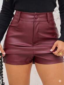 LULURUN Elegant Women's PU Leather Mini Skirt - Burgundy - View 3