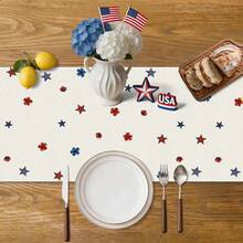 1pc Patriotic American Flag Mason Jar Floral Tabletop Flag, 4th Of July Independence Day Desktop Decor, Red White Blue Star Table Cloth Suitable For Dining Room, American Style Home Decor - Multicolor - View 5