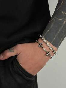 2pcs/Set Men's Cross Punk Style Vintage Bracelet, Fashion High Quality Daily Wear, Birthday, Party, Engagement Gift - Silver - View 6