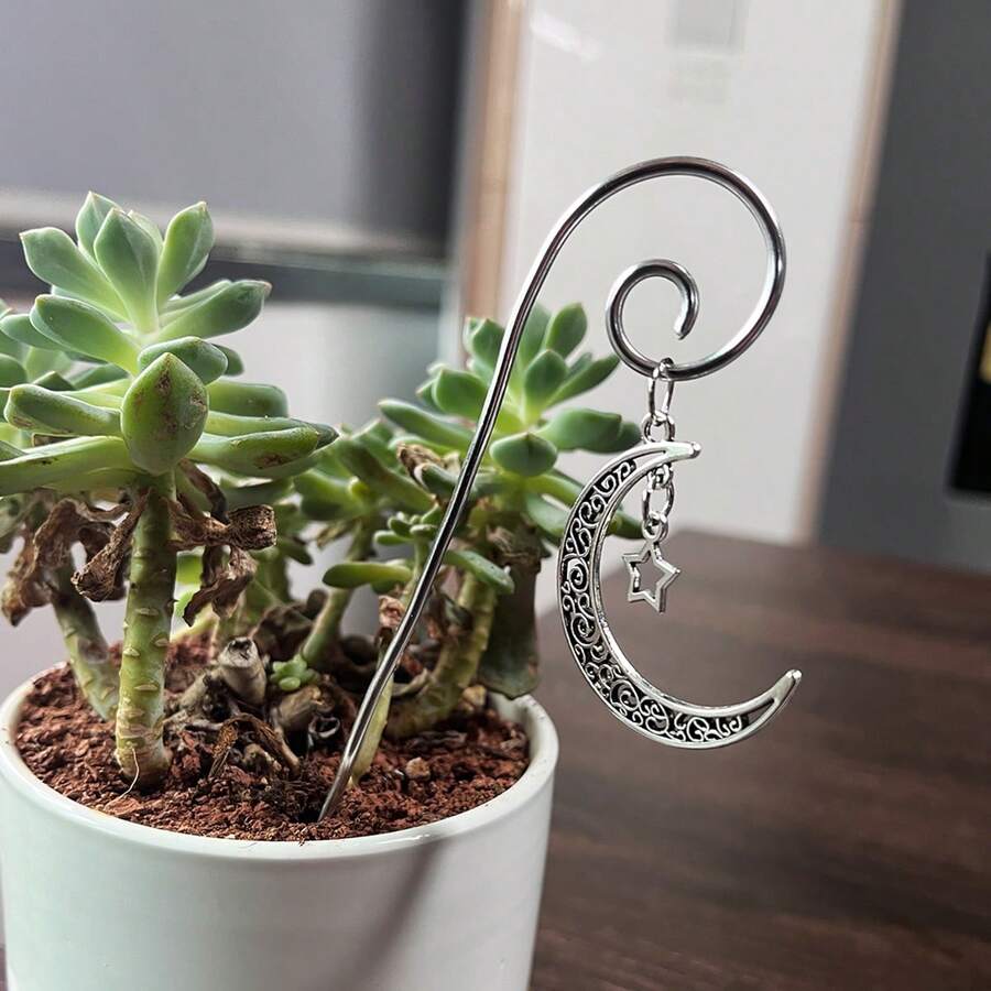 1件裝銀色金屬月亮星星造型植物支架 手工金屬線植物裝飾品 可愛小花園裝飾品 適合植物愛好者的禮物 齋月禮物 生日禮物 母親節禮物 感恩節禮物 聖誕禮物